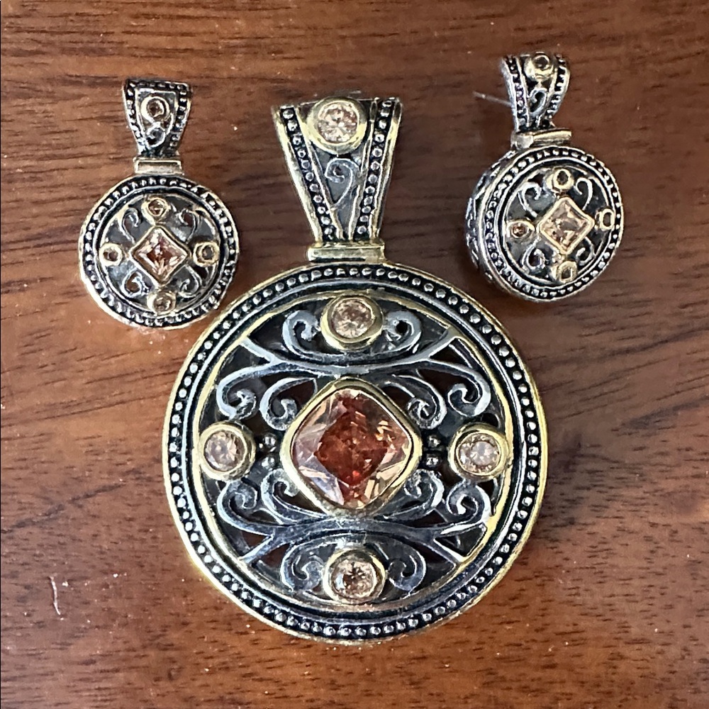 Elegant Gold, Silver & Brown Stones Charger Pendant Necklace